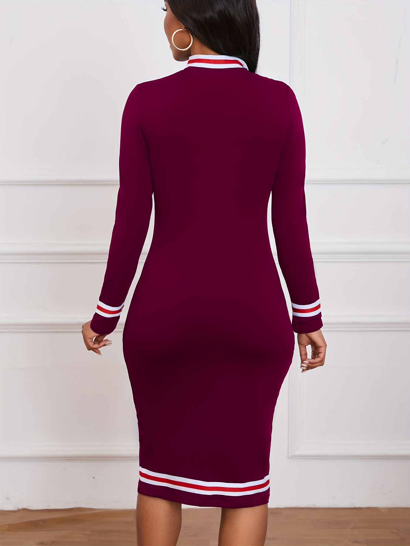 zip up striped print dress, casual long sleeve bodycon midi dress, women's clothing burgundy 1