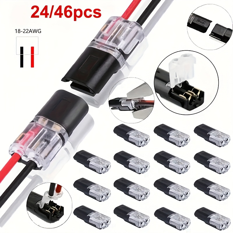 24 46pcs quick splice wire connectors 2 pin 2 way dual wire plug in terminals contact no stripping required for awg 18 22 versatile use in lighting     no battery or electronics