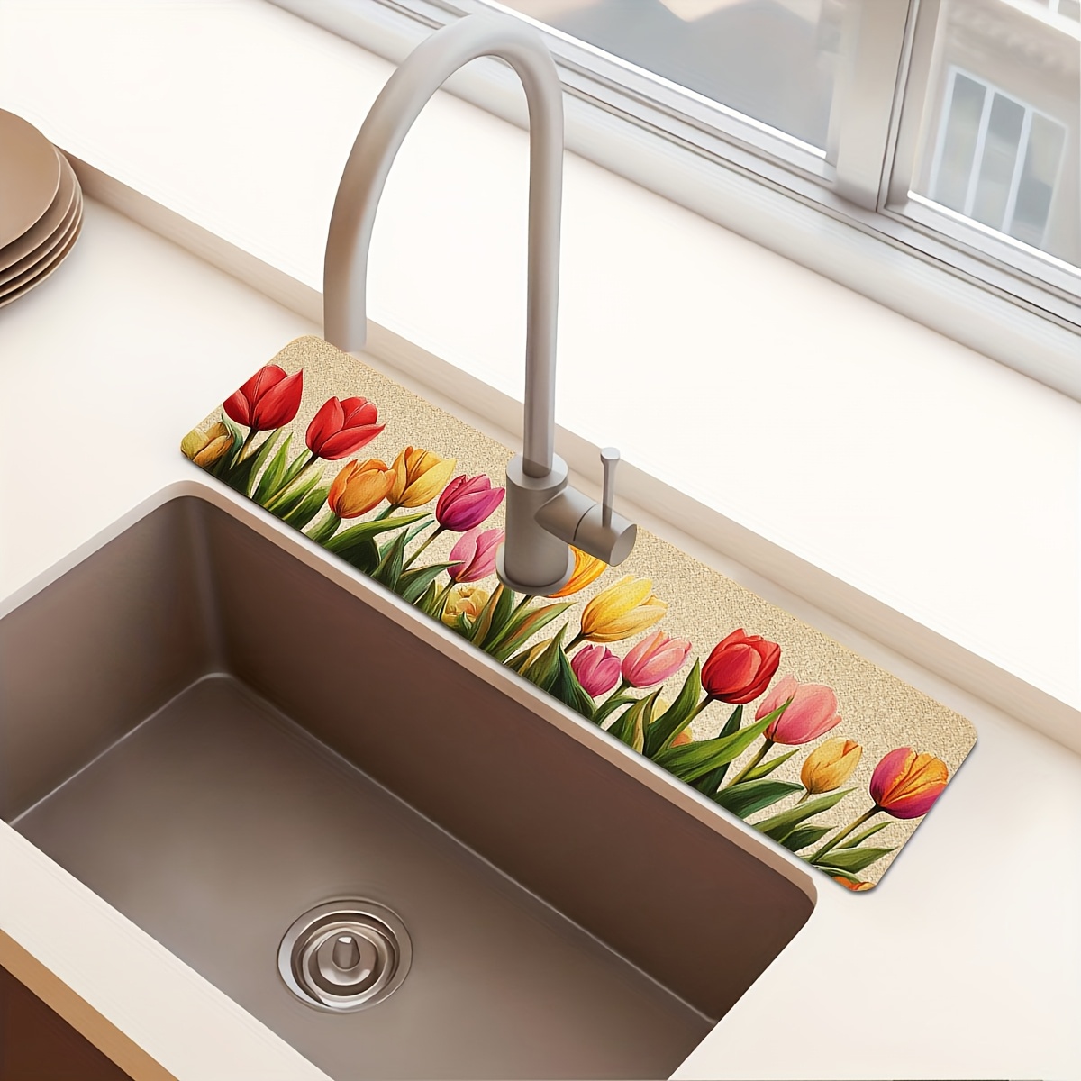 TEMU 1pc Tulip Patterned Faucet Mat - Moisture-proof & Absorbent Polyester Splash Guard With Suction Cup, Vibrant For Kitchen & Bathroom Decor,