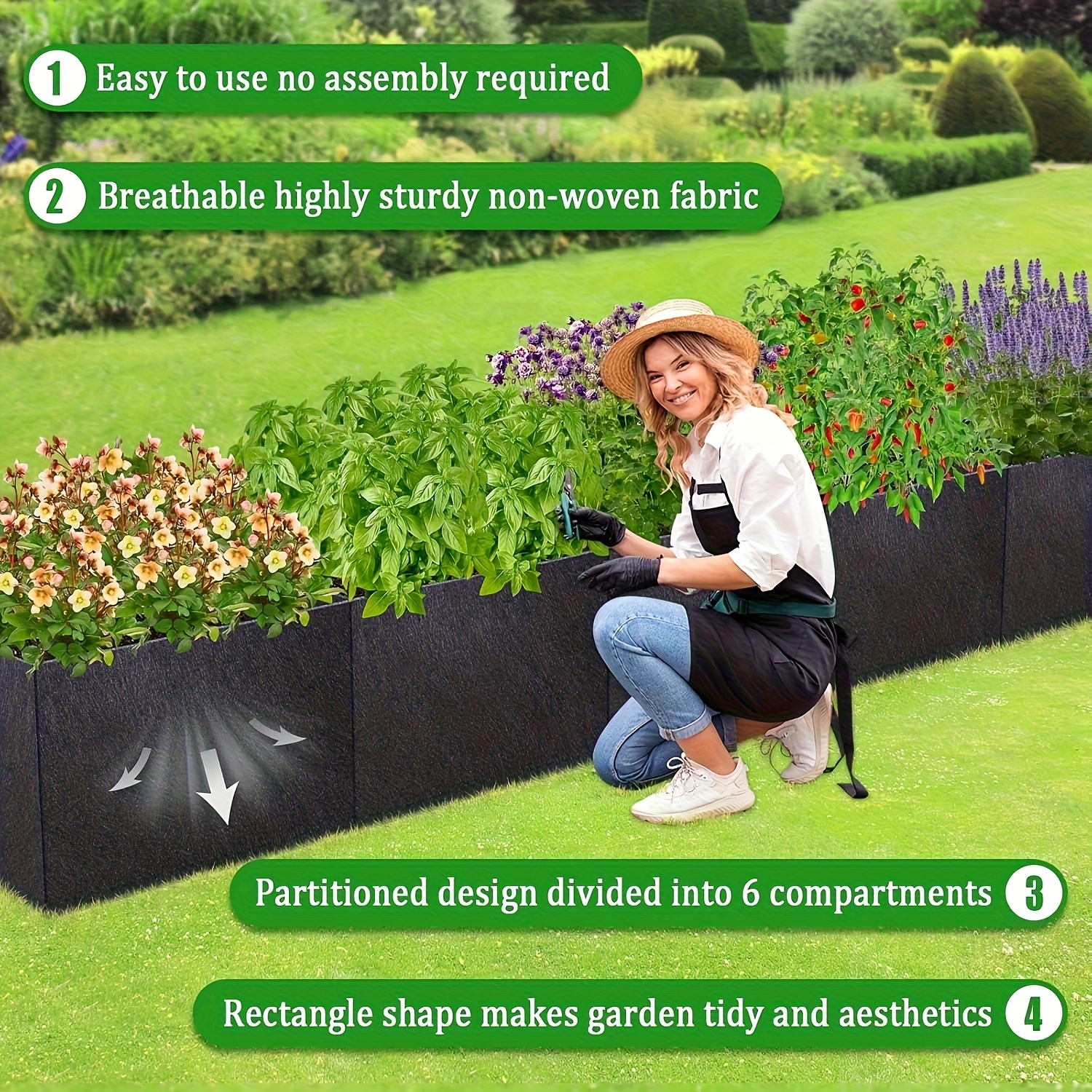 TEMU Extra Large 8-compartment Garden Pot, 30cm Deep, , High Capacity, Durable Windproof Square Planter For Vegetables And Flowers