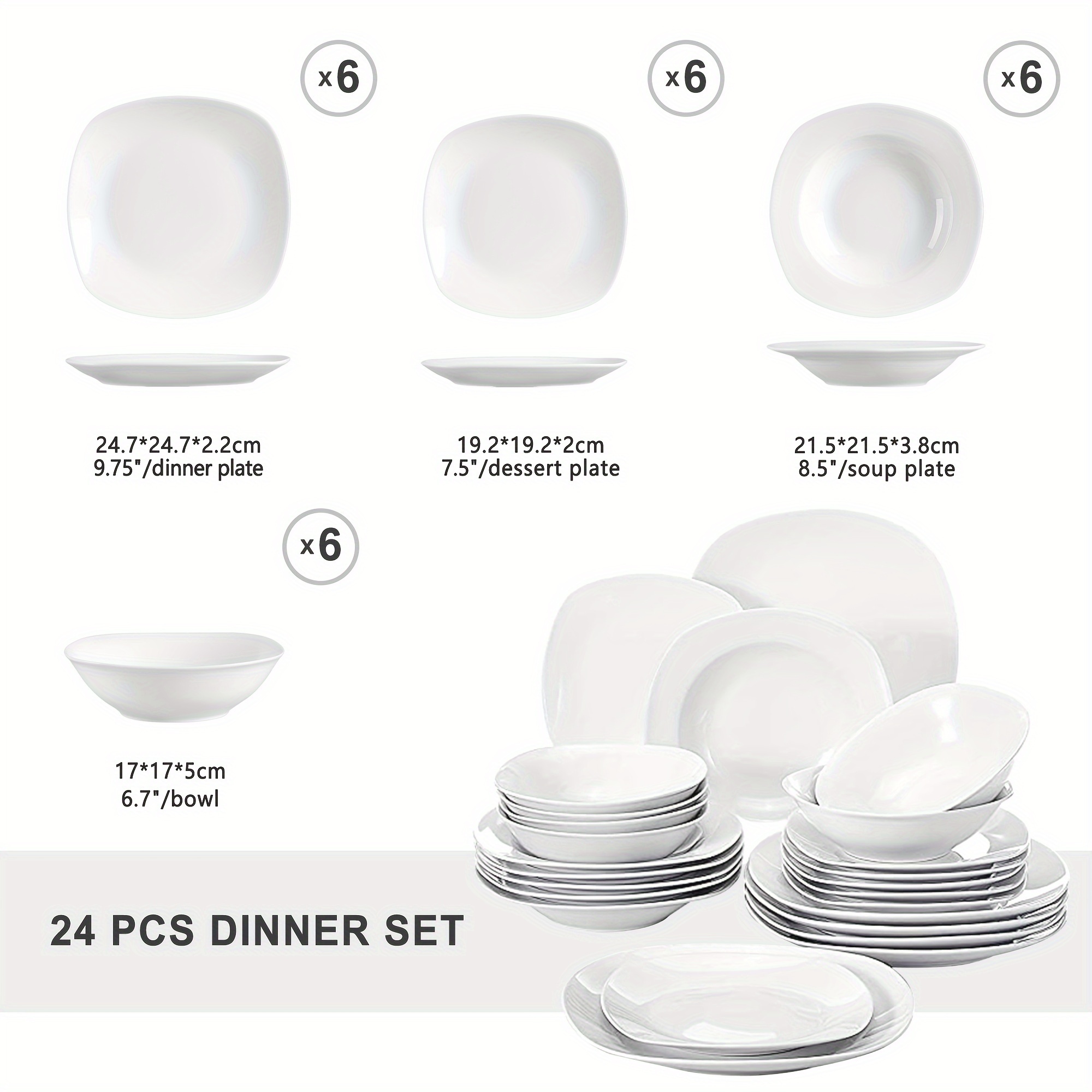 24pcs White Ceramic Plate Sets Dinner Set Dinnerware With 6pcs Dinner Plate/ Dessert Plate/ Soup Plate/bowl For 6 People