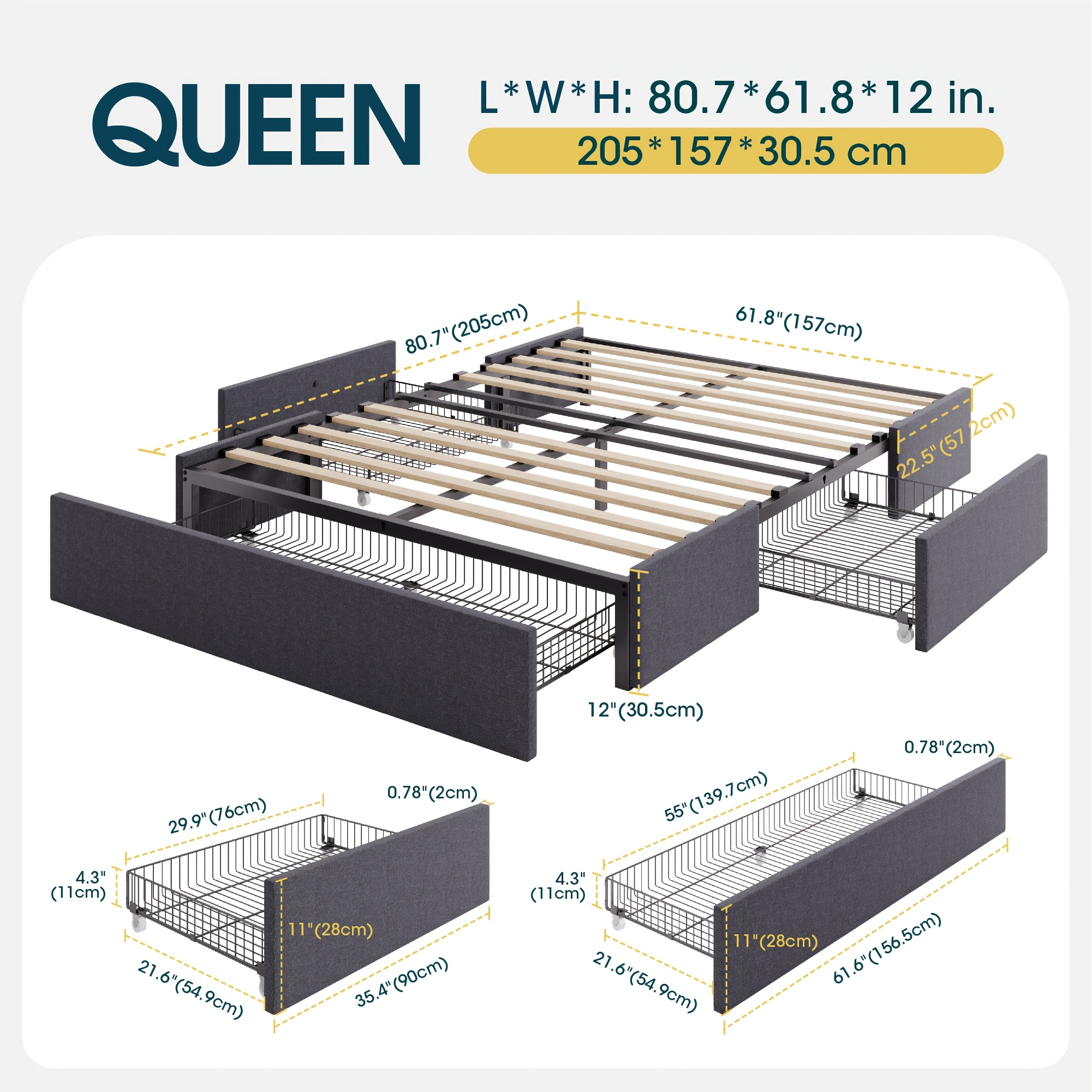 TEMU Weeway Storage Upholstered Platform Bed Frame, 3 Storage Drawers, Large Under-bed Space, Wooden Slats Support, Spring Needed, Modern Mattress