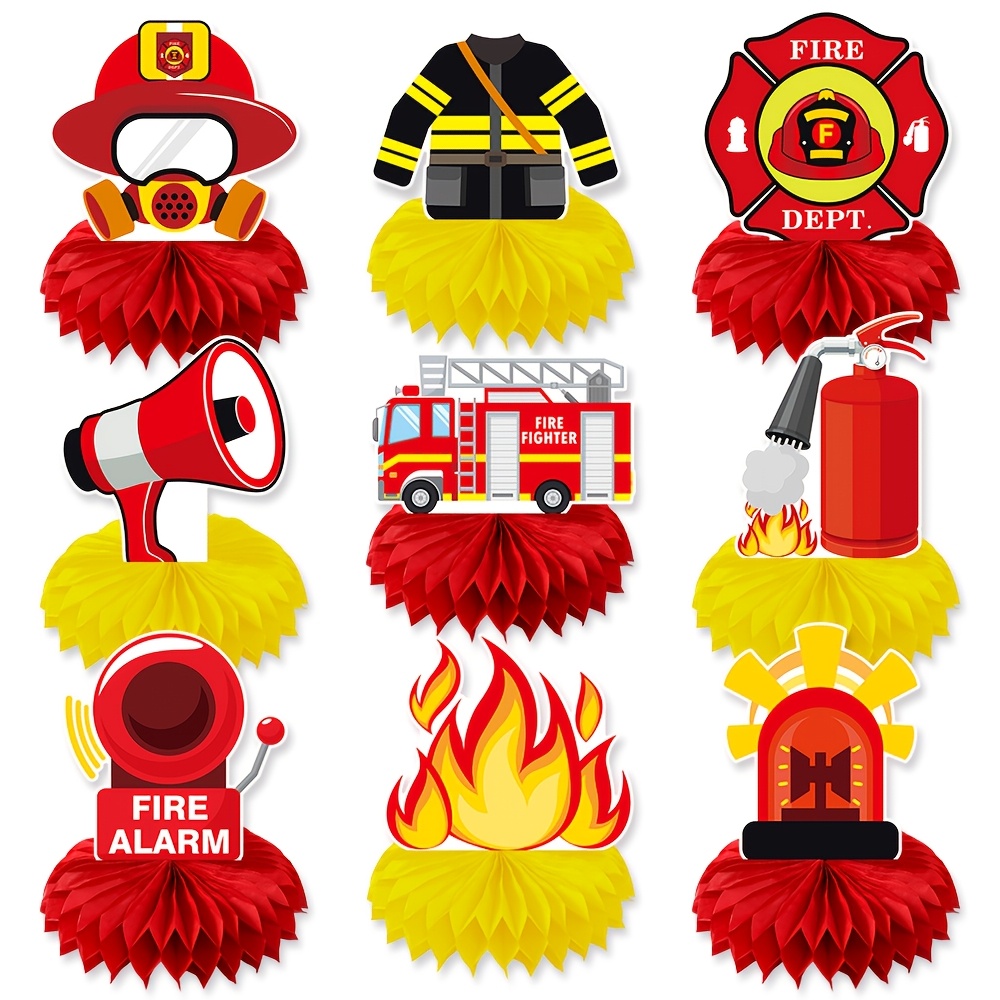 

9pcs Birthday Party Decorations Fire Truck Themed Table Supplies Firefighter Fire Hat Fire Honeycomb Centerpiece Fire Truck Birthday Party Supplies