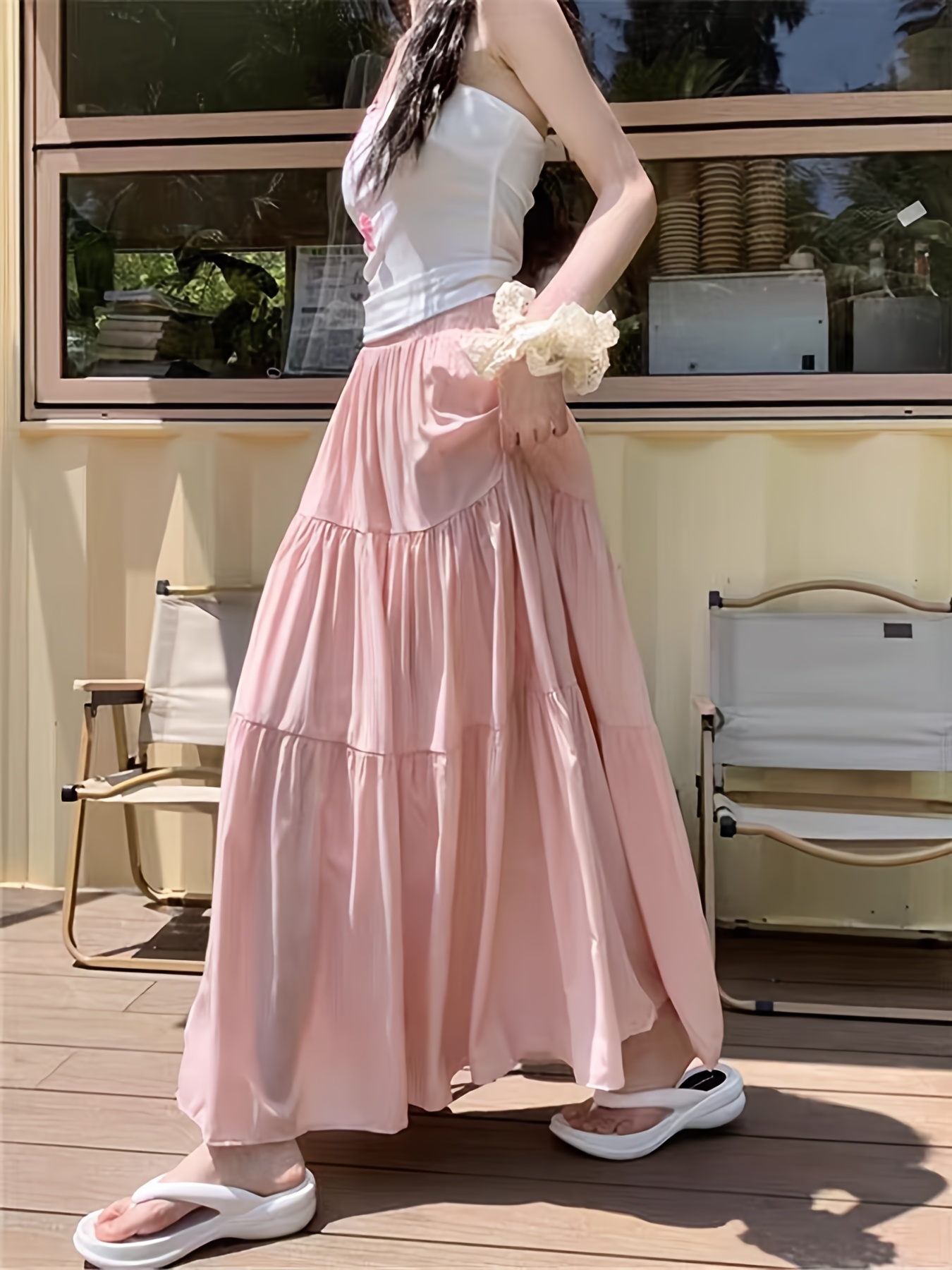 elegant high waist long skirt women pink pleated design Temu