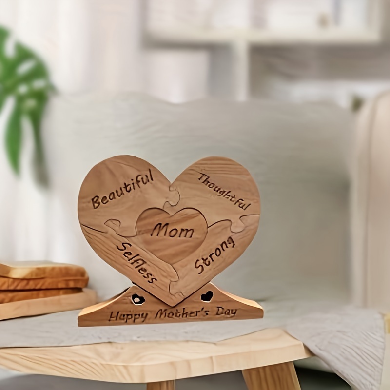 1pc personalized wooden heart puzzle home decor desk ornament solid wood trinket customizable mothers day birthday gift details 0