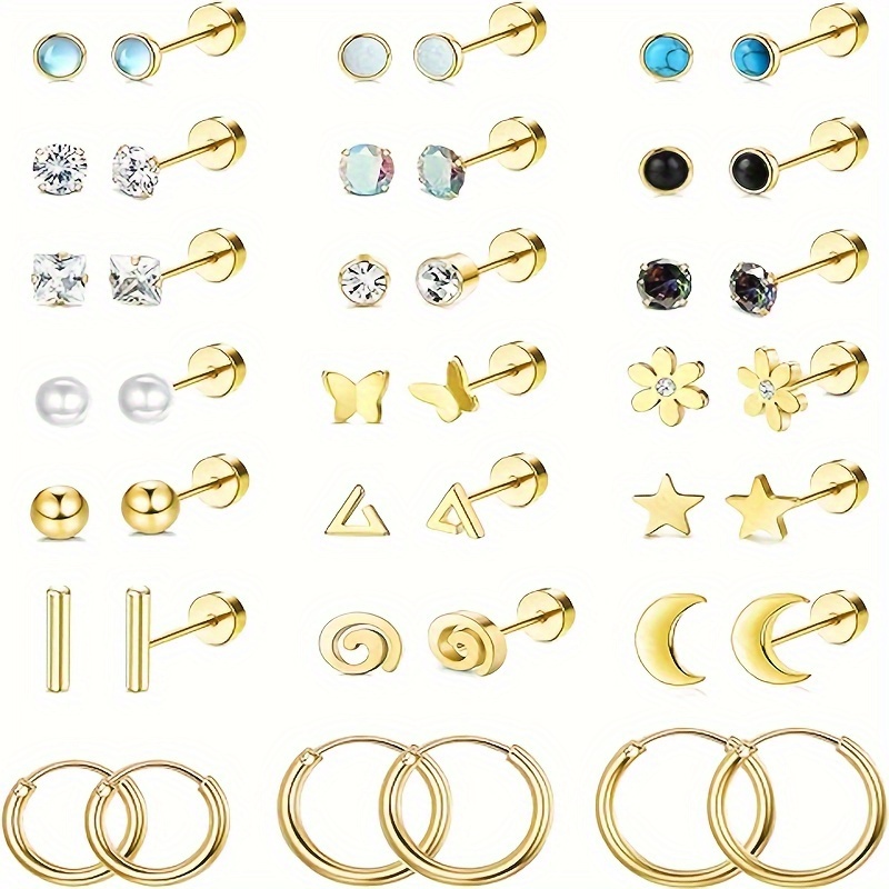 

21 Pairs 18k Gold Plated Medical Steel Flat Back Earrings Hypoallergenic 20g Screw Back Velvet Stacking Cartilage Earrings Stacking