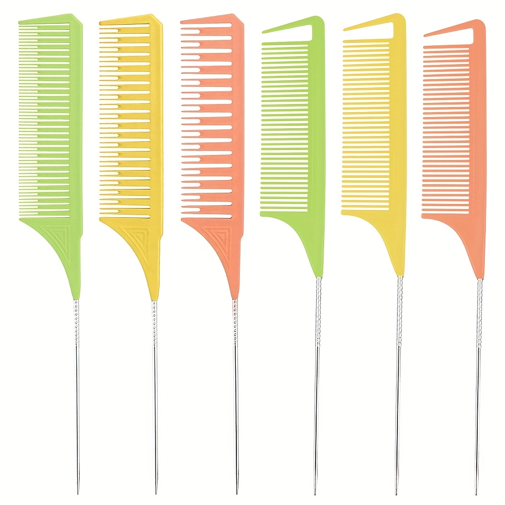 A Set Of 6 Plastic Combs With Threaded Anti-slip Steel Tips, Designed For Professional Hair Dyeing In Salons. High-temperature Resistant Combs Are Suitable For Sectioning, Parting, And Styling Hair