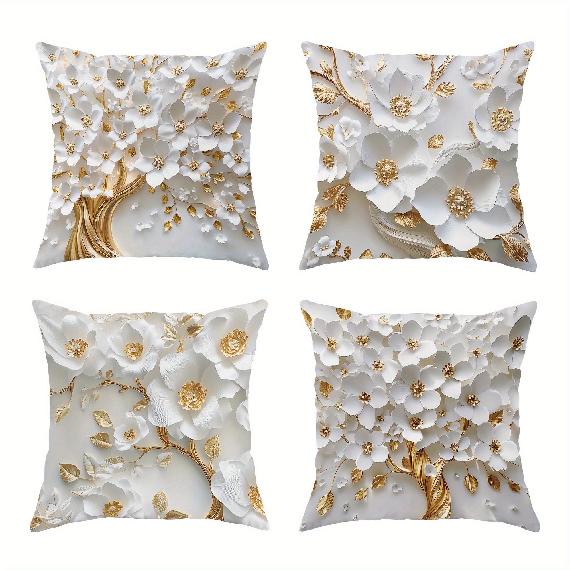 

4pcs Floral Velvet Throw Pillow Covers White Gold Cosy Soft Decorative Pillowcases 1 Sided Printing For Living Room Bedroom Sofa Bed Decor Without Pillow Inserts