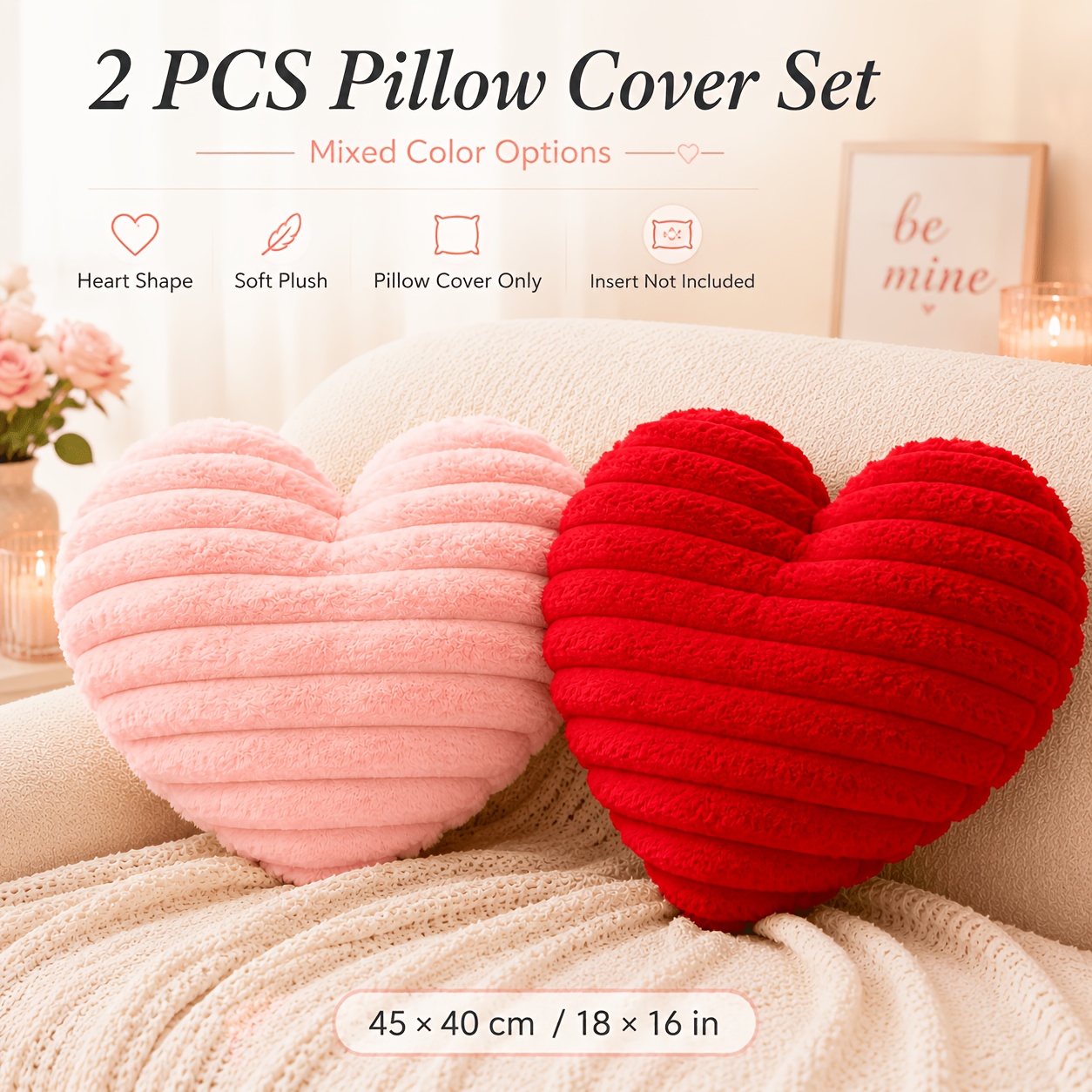 TEMU 2pcs Mixed Color Heart-shaped Plush Pillow Covers, 45 X 40 Cm/18 X 16 In, White/pink/red Mixed Options, Soft Vertical Ribbed Cushion Covers For