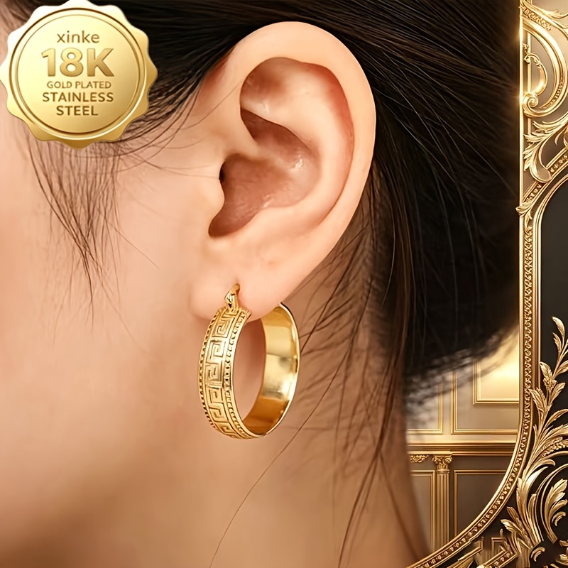 TEMU Boucles d'oreilles larges à motif clé grecque rétro plaquées or , boucles d'oreilles dorées décontractées pour femmes, cadeau de bijoux pour