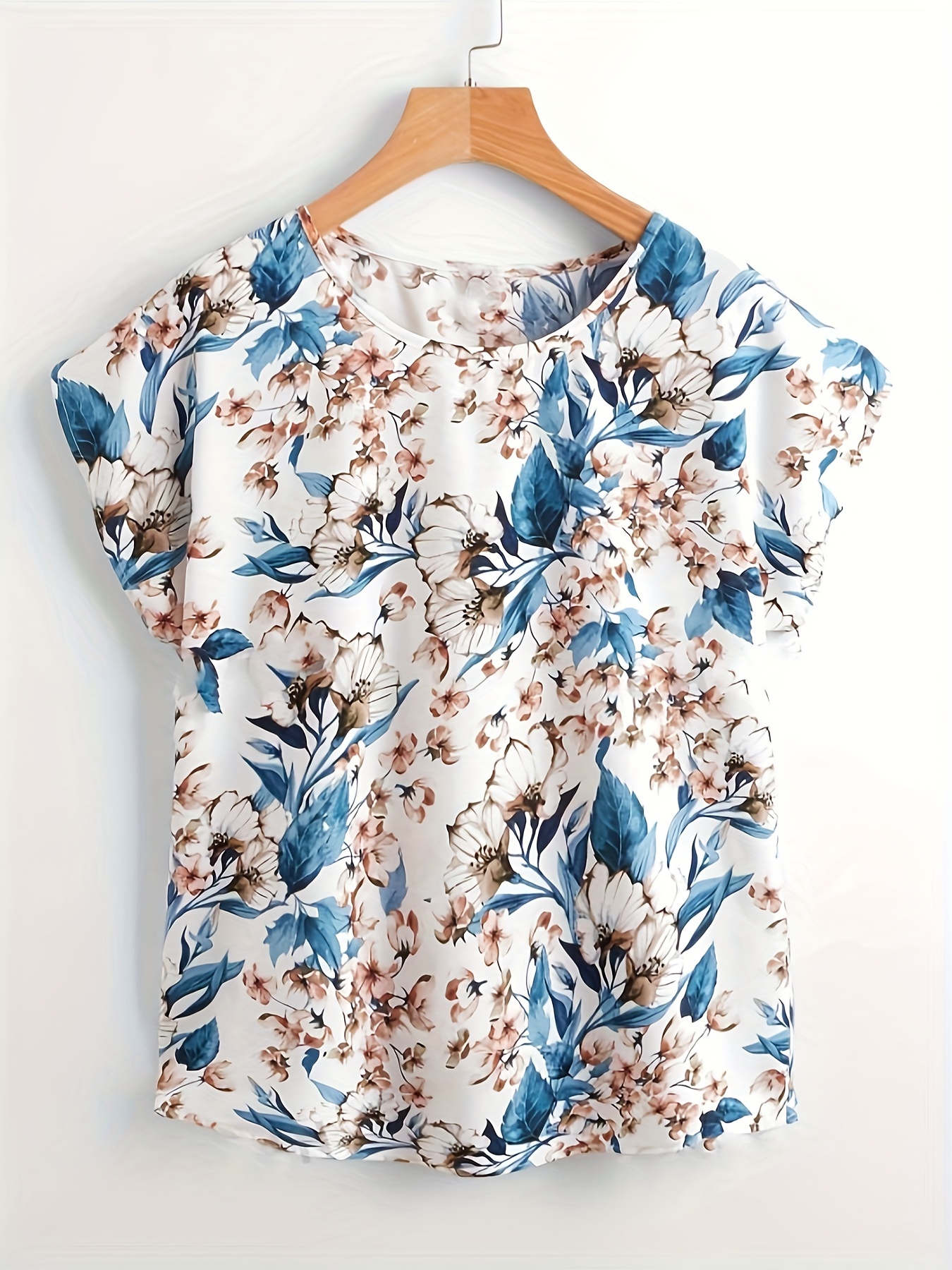 Floral Print Crew Neck Blouse, Classy Short Sleeve Top For , Women's Clothing - Women's Clothing