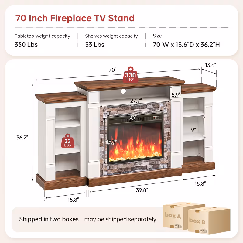 70-Inch Electric Fireplace TV Stand with Mantel - Modern Entertainment Center with Open Storage, LED Lights & Remote Control
