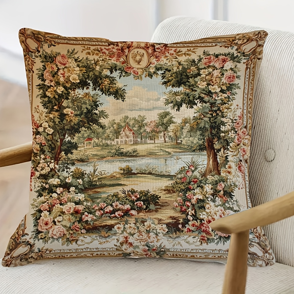 

1pc Antique French Throw Pillow Cover, Vintage Style, Machine Wash, Zipper Closure, Short Plush, Mixed Color, Polyester .00%
