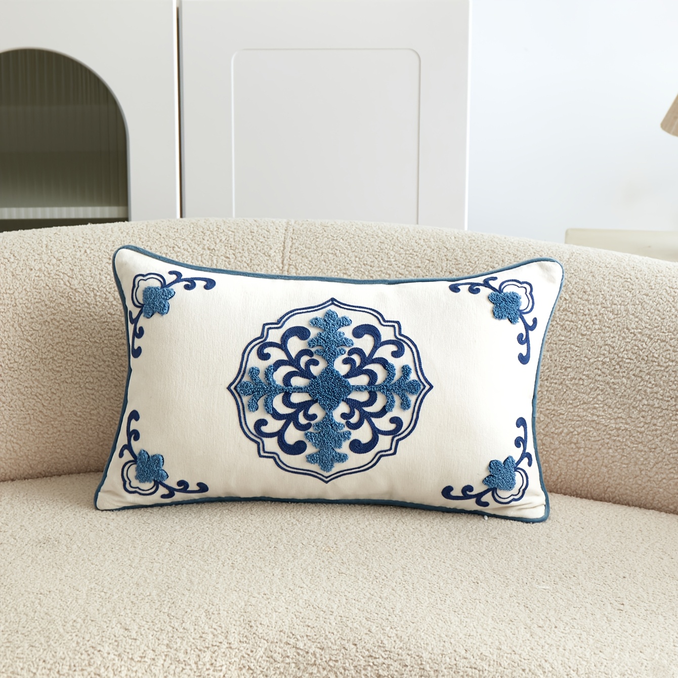 TEMU 1pc Chinese Style 3d Embroidered Chenille Cushion Cover - Porcelain Pillowcase Suitable For Sofa, Bed, Tea Room Decor, Zipper Closure, Machine