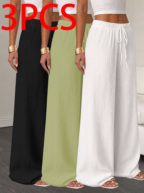 womens high waist solid color 3pcs set leg lengthening wide leg medium stretch straight fit for petite long pants