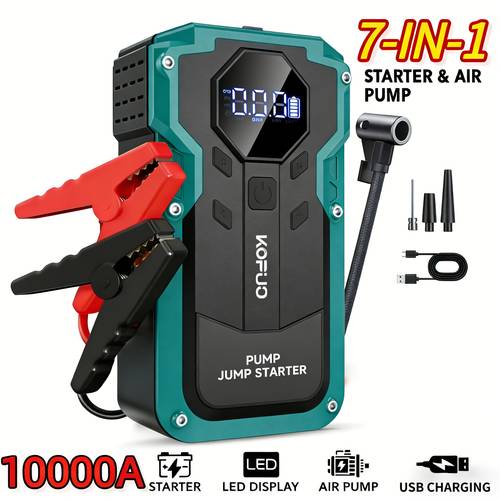 item picture 5000a car jump starter 10000a 12v booster jump box 150psi air compressor tire inflator up to 10 8l engines 7 in 1 power bank lcd display led flashlight sos strobe emergency kit for cars suv motorcycles