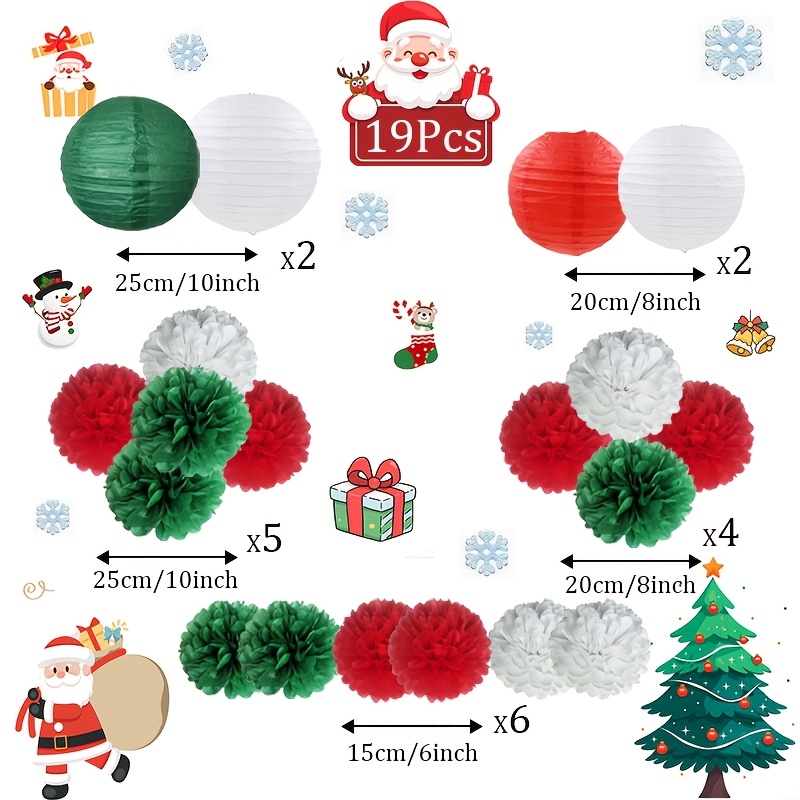 TEMU 19pcs Paper Ball And Round Lantern Decoration Set - Red, Green, White, Suitable For Weddings, Birthdays, Christmas, Halloween, And Thanksgiving