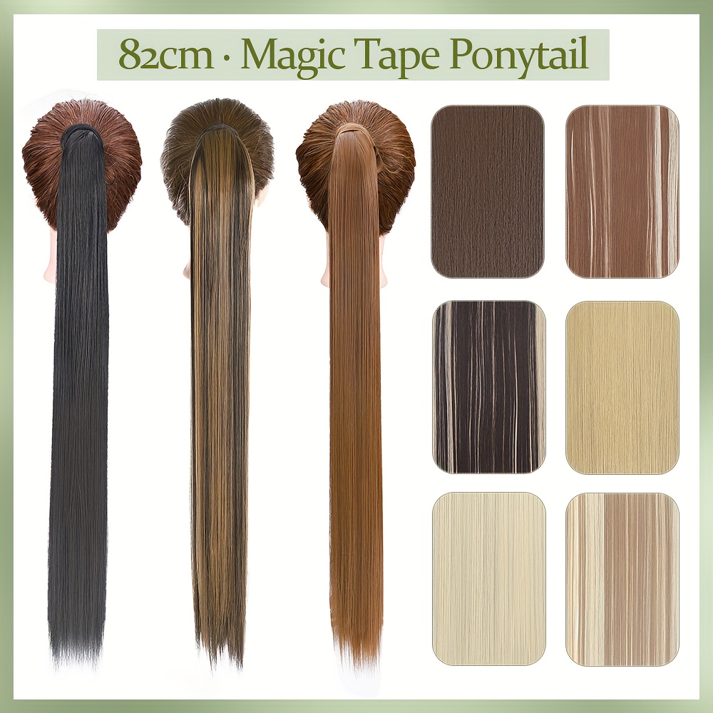 32 inch clip in wrap around ponytail extension long straight synthetic hairpiece with   tape soft versatile for   for parties cosplay everyday use details 2