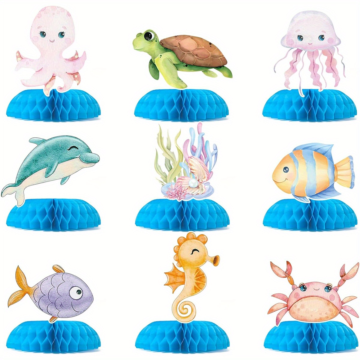 9pcs Marine Animal Table Honeycomb Centerpiece Decorations, Ocean Theme Happy Birthday Party Decor For Boys Girls Shower, Birthday Sign Standing Decor Party Supplies