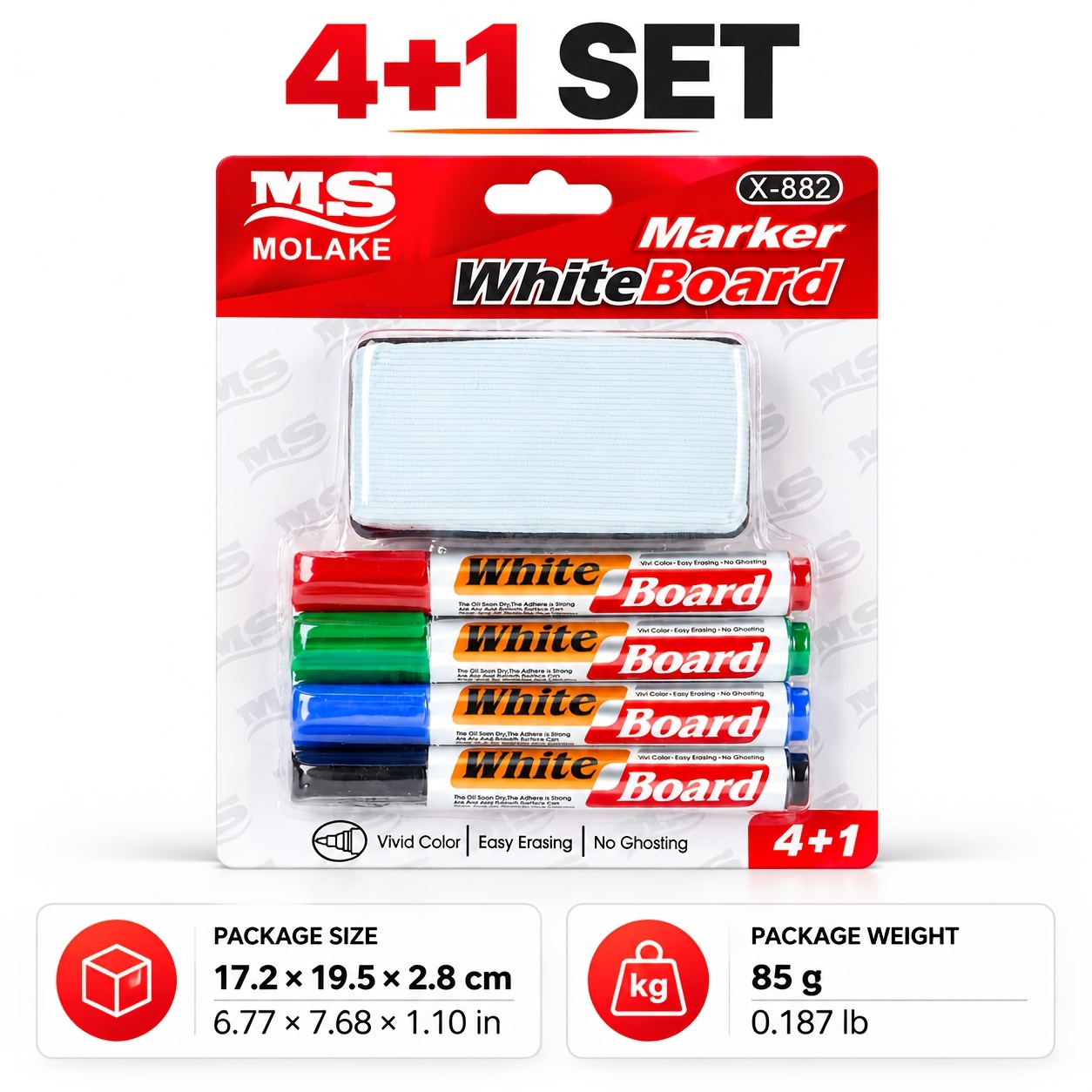 TEMU 4-color Marker Set With 1 Whiteboard Eraser, Featuring Red, Blue, Green, And Black Markers. Ideal For Meeting Presentations, Classroom Teaching,