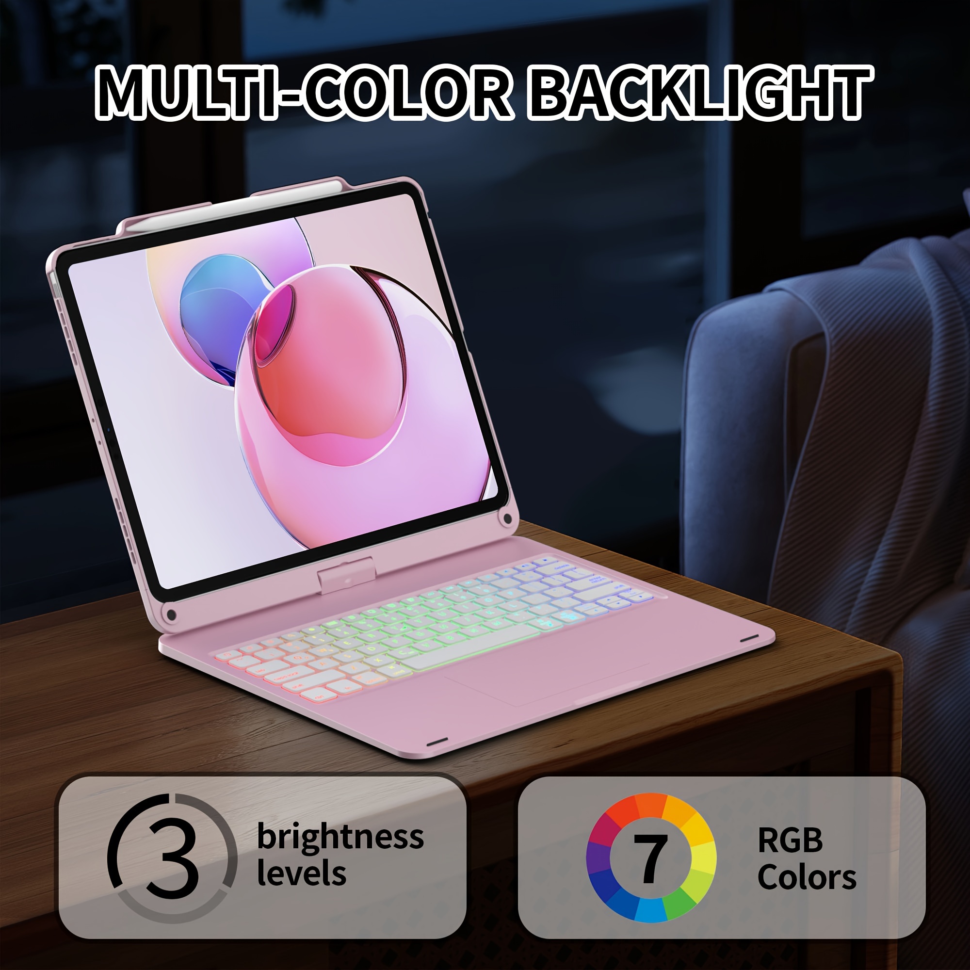 

For 2022 Case With Keyboard And Touchpad, Compatible With 12.9-inch 5th Gen 2021/ 2020/3rd Gen 2018, Rainbow Backlits & Apple Pencil Charging - Black/rose Gold-us English