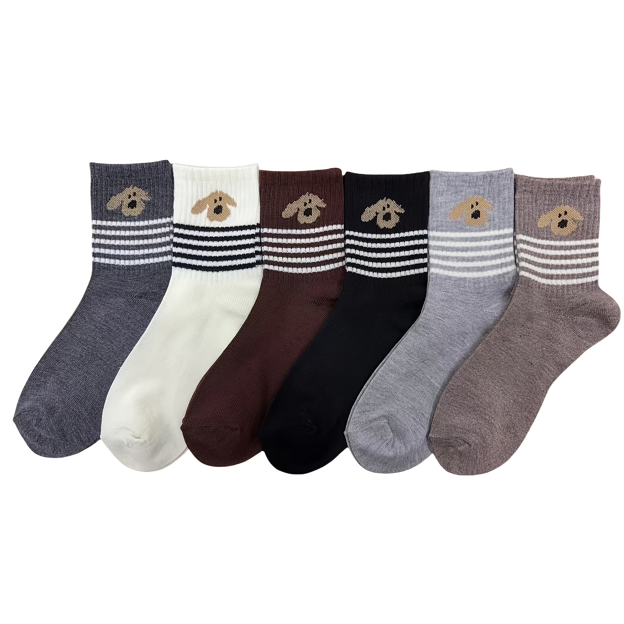 Image of 6-pair Pack Women's New Striped Puppy Print Mid-calf Socks For Spring, Autumn, And Winter, Versatile Vintage College Style, Autumn Color Palette, Versatile Essential For Daily Wear