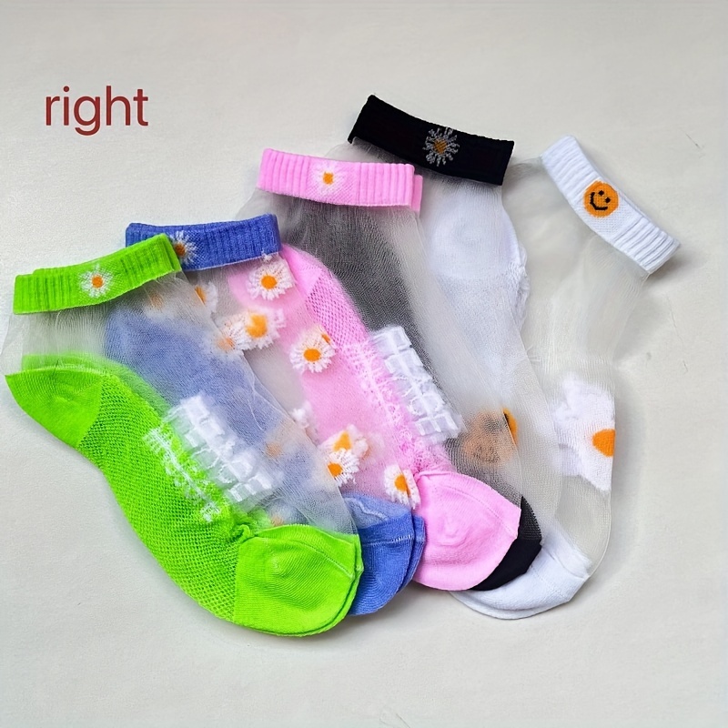 5 pairs of floral prints with contrasting fishnet stockings, breathable and comfortable ankle socks, Women's stockings and sweaters.