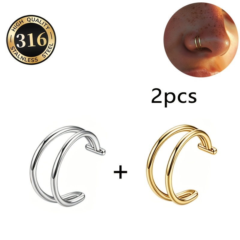 TEMU 2pcs Minimalist 20g Double-layer Open Non-piercing Fake Nose Ring Set - No Piercing Required, Used As A Lip Ring, Skin-friendly And