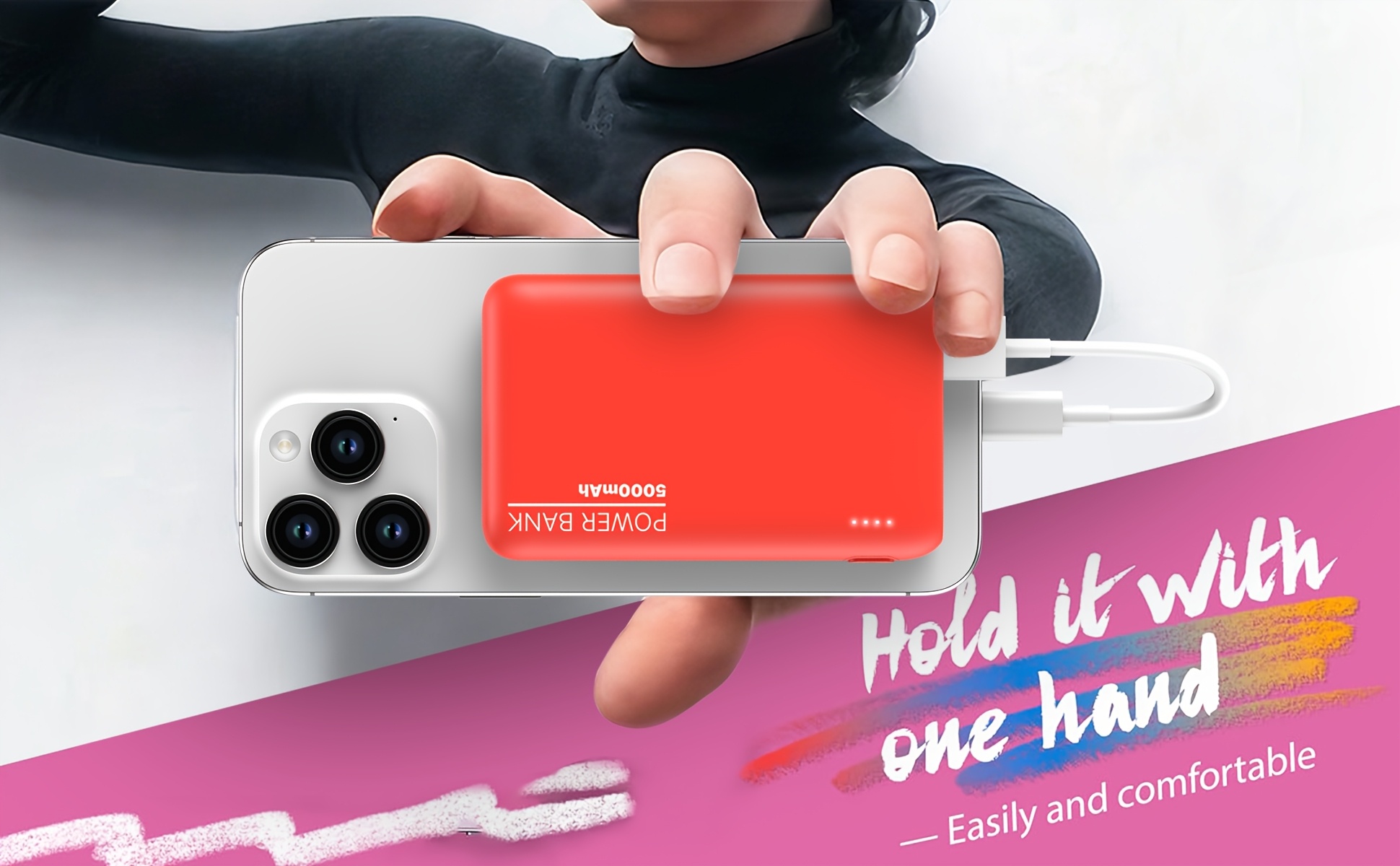 Batterie Externe Ultra-Mince 5000mAh, Chargeur Portable avec Double Sorties USB & Câble Type-C, Sauvegarde de Charge 5V2A pour iPhone et Téléphones for Samsung Android, Urgence Voyage en Plein Air, Cadeaux de Vacances (Léger & Compact)