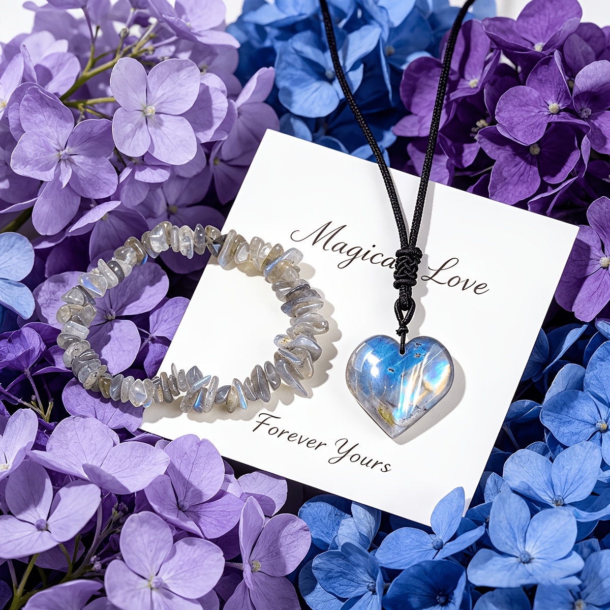 Natural Labradorite Heart Pendant & Chip Bracelet Set, Luxury Gift