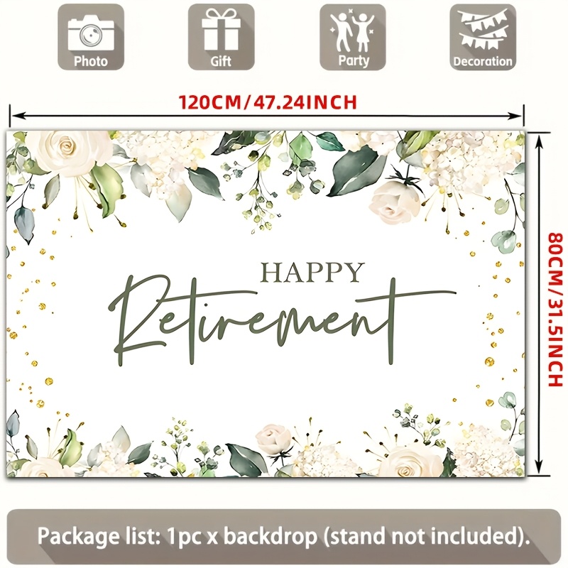 TEMU 2d Flat, [party Backdrop] 2d Flat Banner, 1pc Happy Retirement White Flower Green Leaf Golden Dot Backdrop, For Party Decor Farm, Garden, Home,