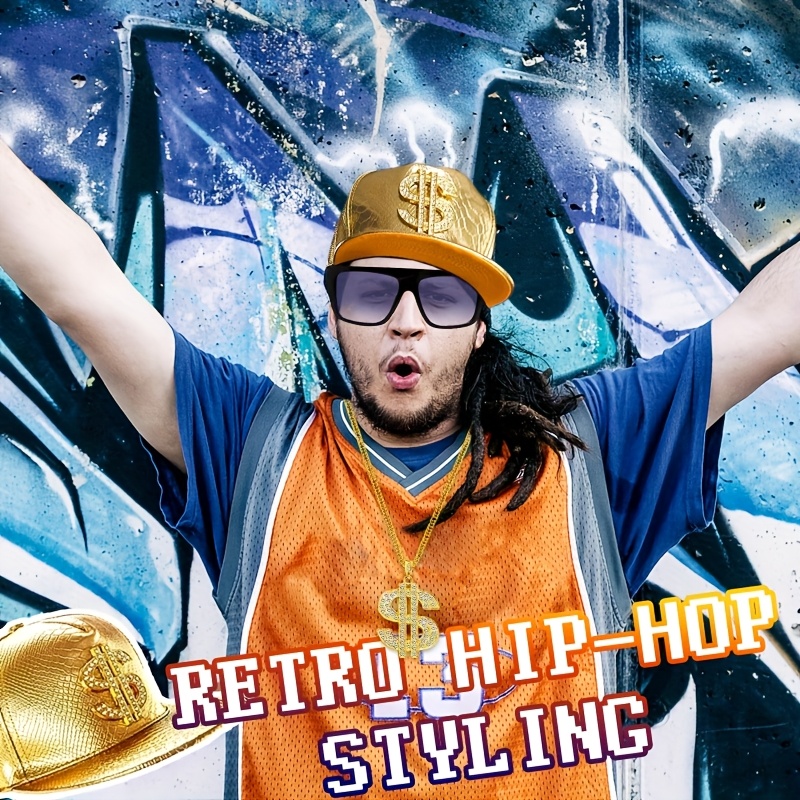 4pcs Hip-Hop Costume Set Black Leather Baseball Cap with Golden  Dollar Sign Necklace, Black White Glasses Punk Rock Accessories for  Men