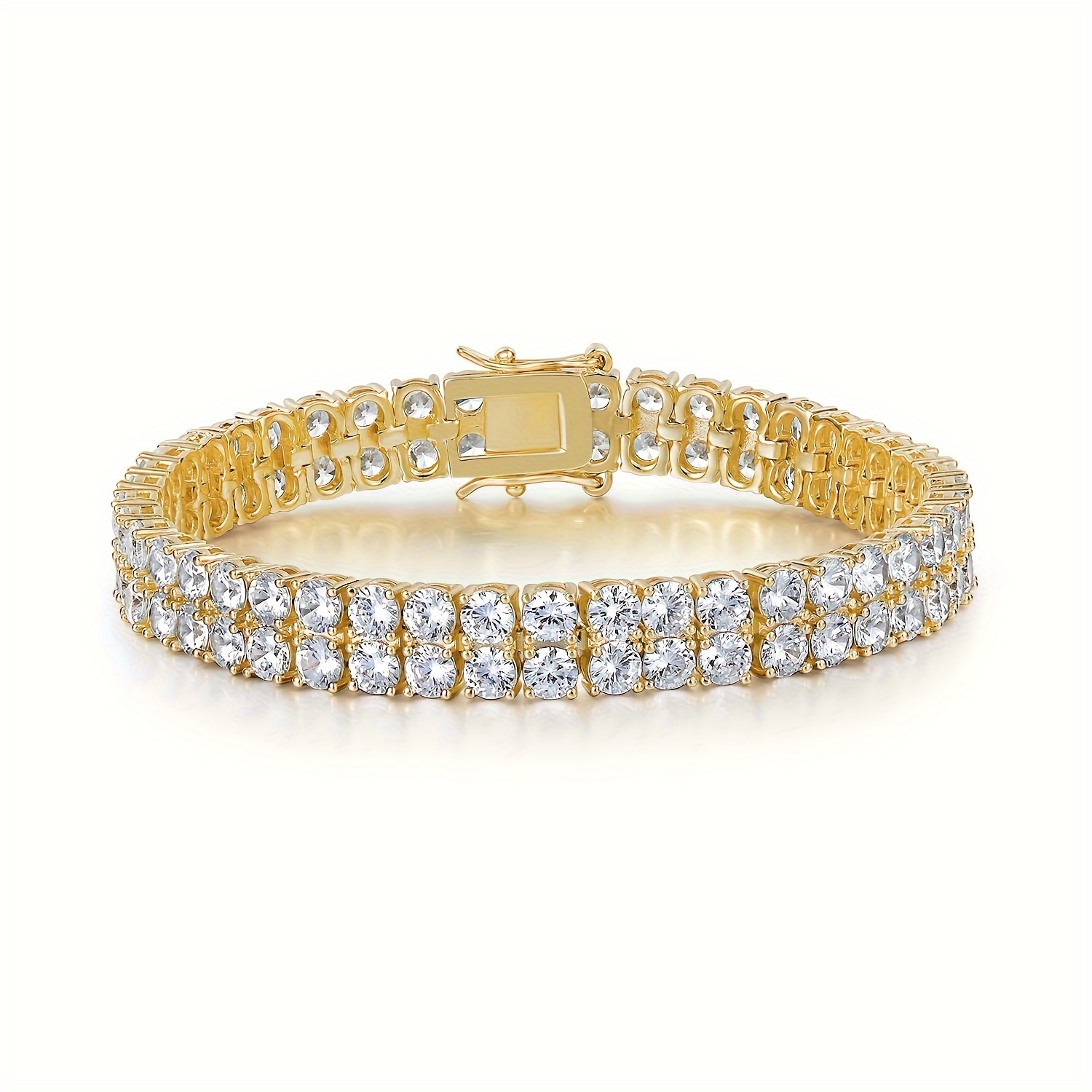 

Double Row 3.0mm Golden Tennis Bracelet For Women And Men, 18k Gold Plated, Round Cubic Zirconia Tennis Bracelet, Ice Hip Hop Bracelet, 6.5/7/7.5/8/8.5 Inches, Unisex