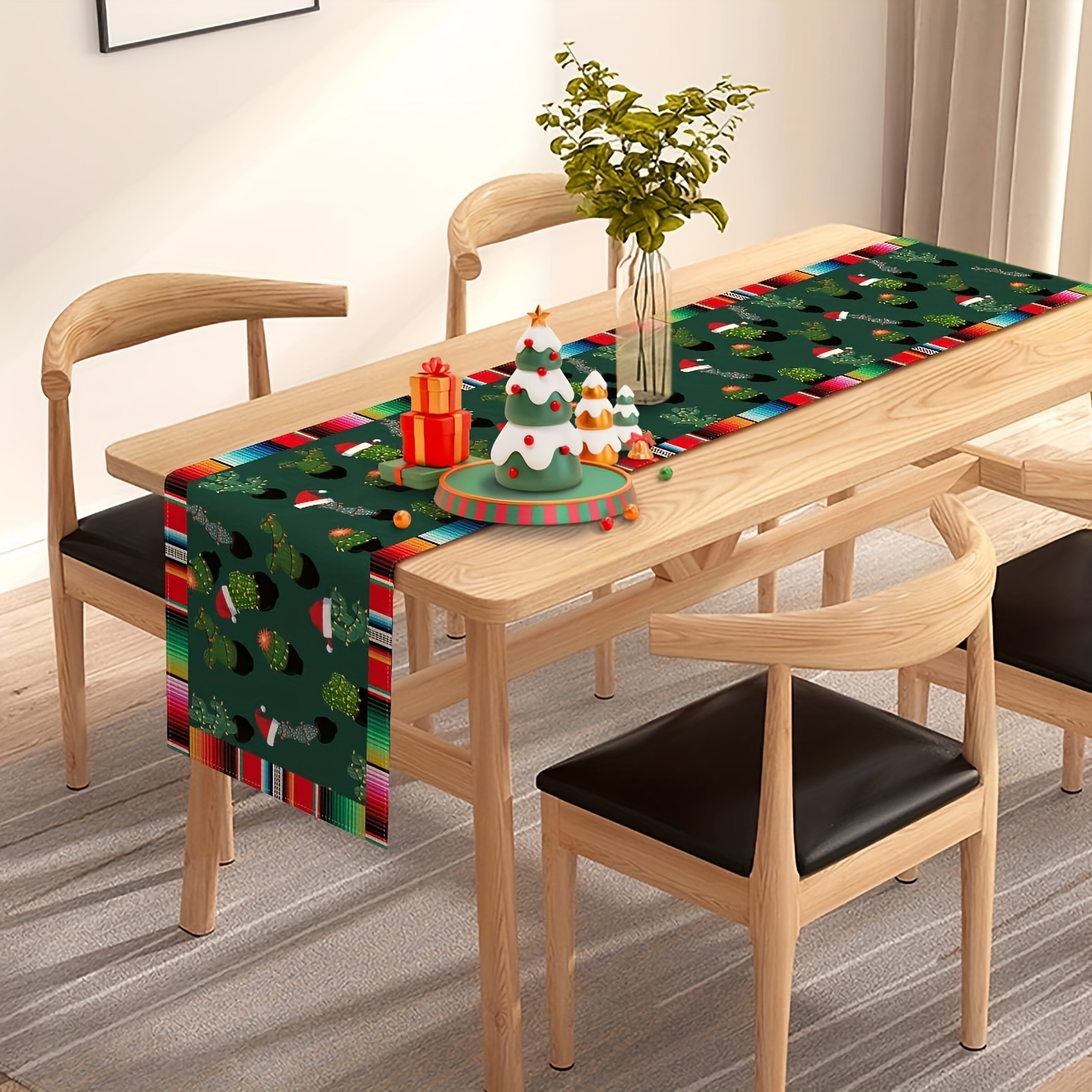 

Mexican Christmas Table Runner - Cactus & Santa Hat Design With Stripes, Holiday Dining & Home Decor, Indoor/outdoor Use, Christmas Table Decorations, Winter, Kitchen, Party