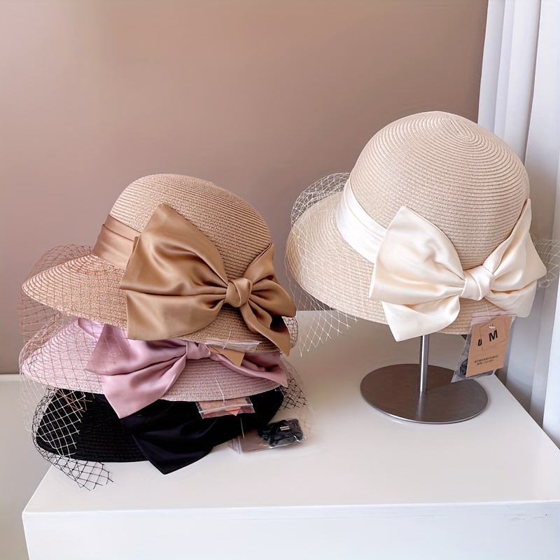 

Elegant French Mesh Veil Bucket Hat For Women, Summer Sun Protection Straw Hat, Stylish Versatile Large Bowknot Beach Hat, Trendy Seaside Accessory