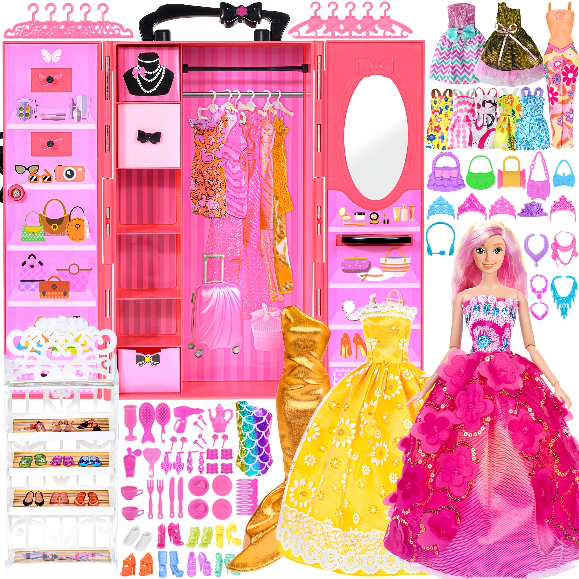 Image of 105pcs Doll Closet Wardrobe Set Closet Playest Toys Doll Clothes And Additions For 11.5 Inch Girl Doll Including Wardrobe, Shoes Rack, Dress, Shoes Hangers, Necklace (no Doll)
