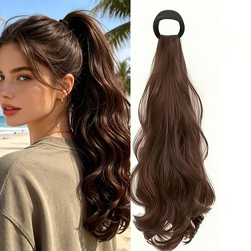 item picture 22 inch elastic band large wave ponytail wig for women high temperature fiber realistic long curly hair multiple colors no clip tie on ponytail hairpiece tie and wear instantly invisible and seamless multi colored hair