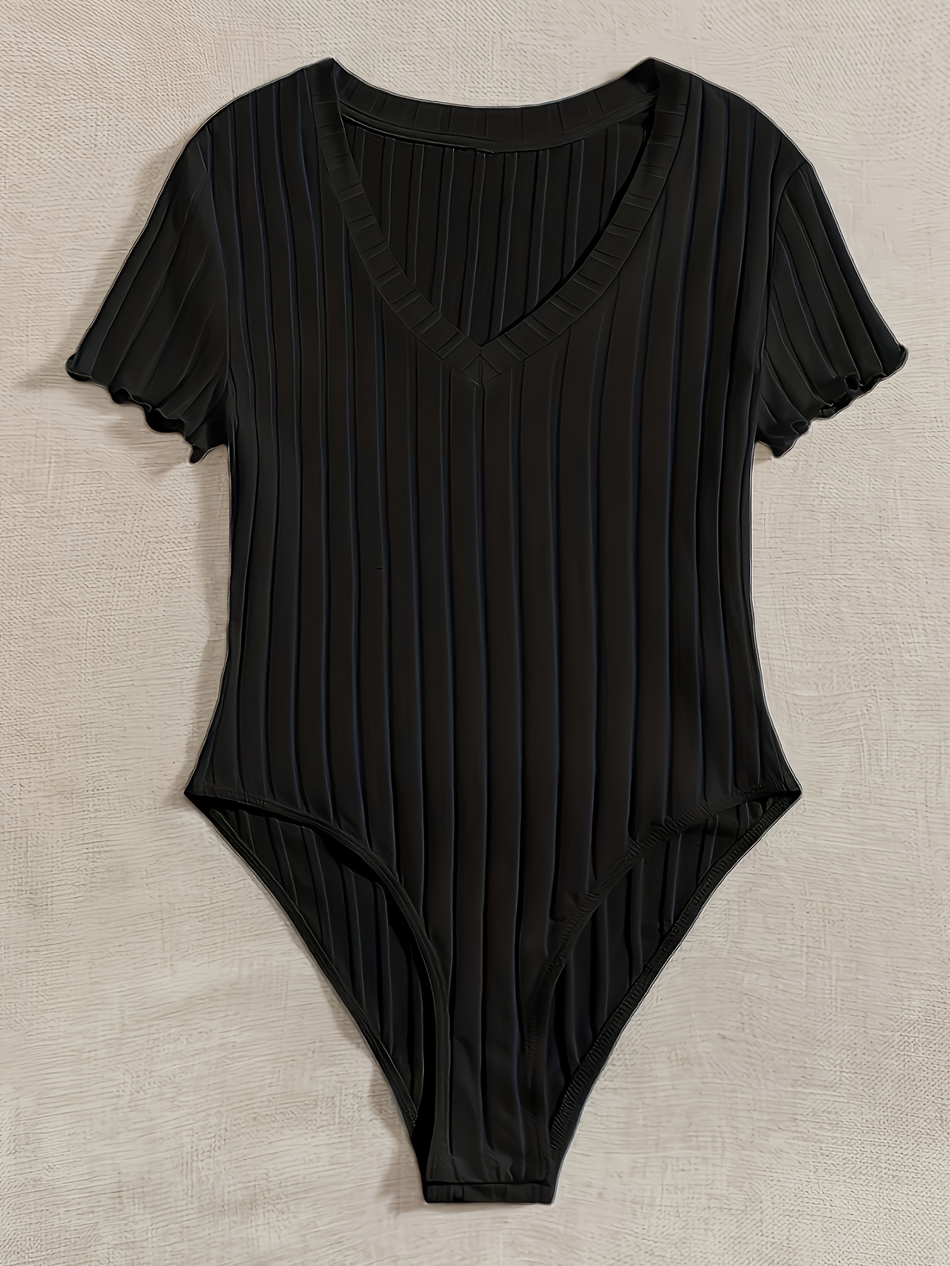 Black Rib V Neck Short Sleeve Bodysuit