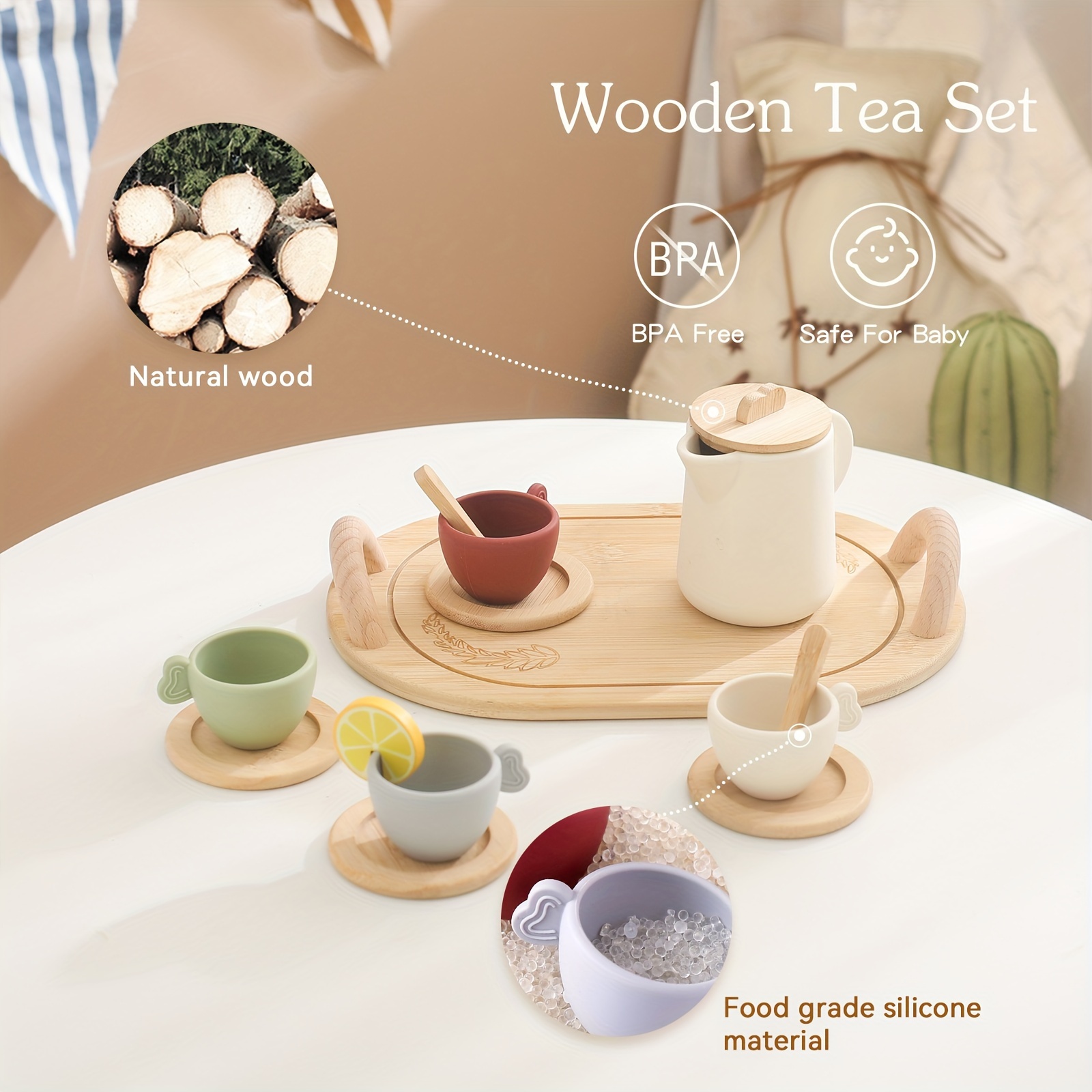 

14pcs Wooden Tea Party Playset For - Bpa-free, Natural Wood, Includes Teapots, Cups & Accessories, Pretend Play, Birthday, Christmas & Halloween Gifts, Tea Party Supplies