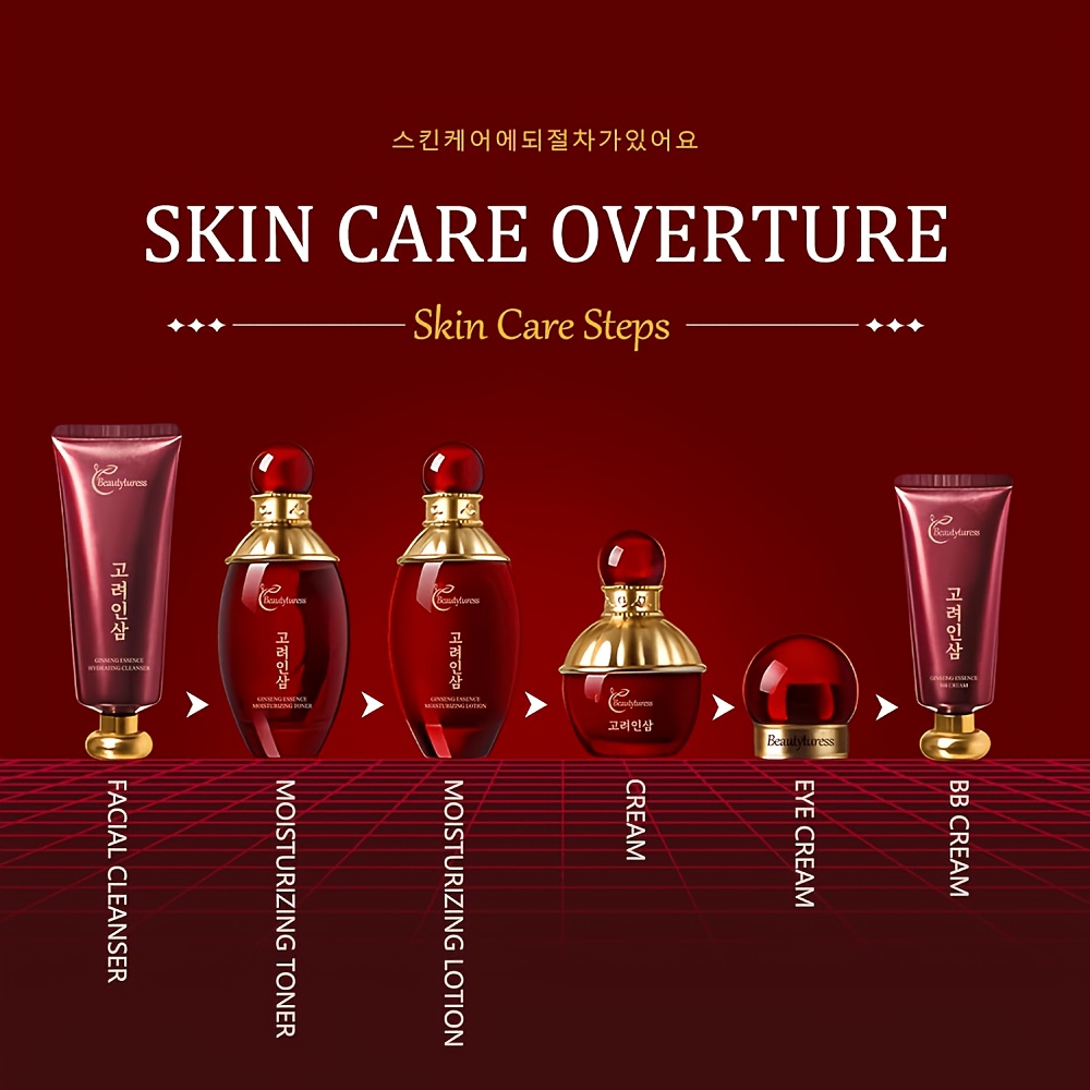 Colecție de îngrijire a pielii cu esență de ginseng coreean - Conține extracte vegetale, oferă hidratare profundă, întărește pielea, are o formulă ușoară și non-grasă, nu se aglomerează, prezentată într-o cutie cadou festivă