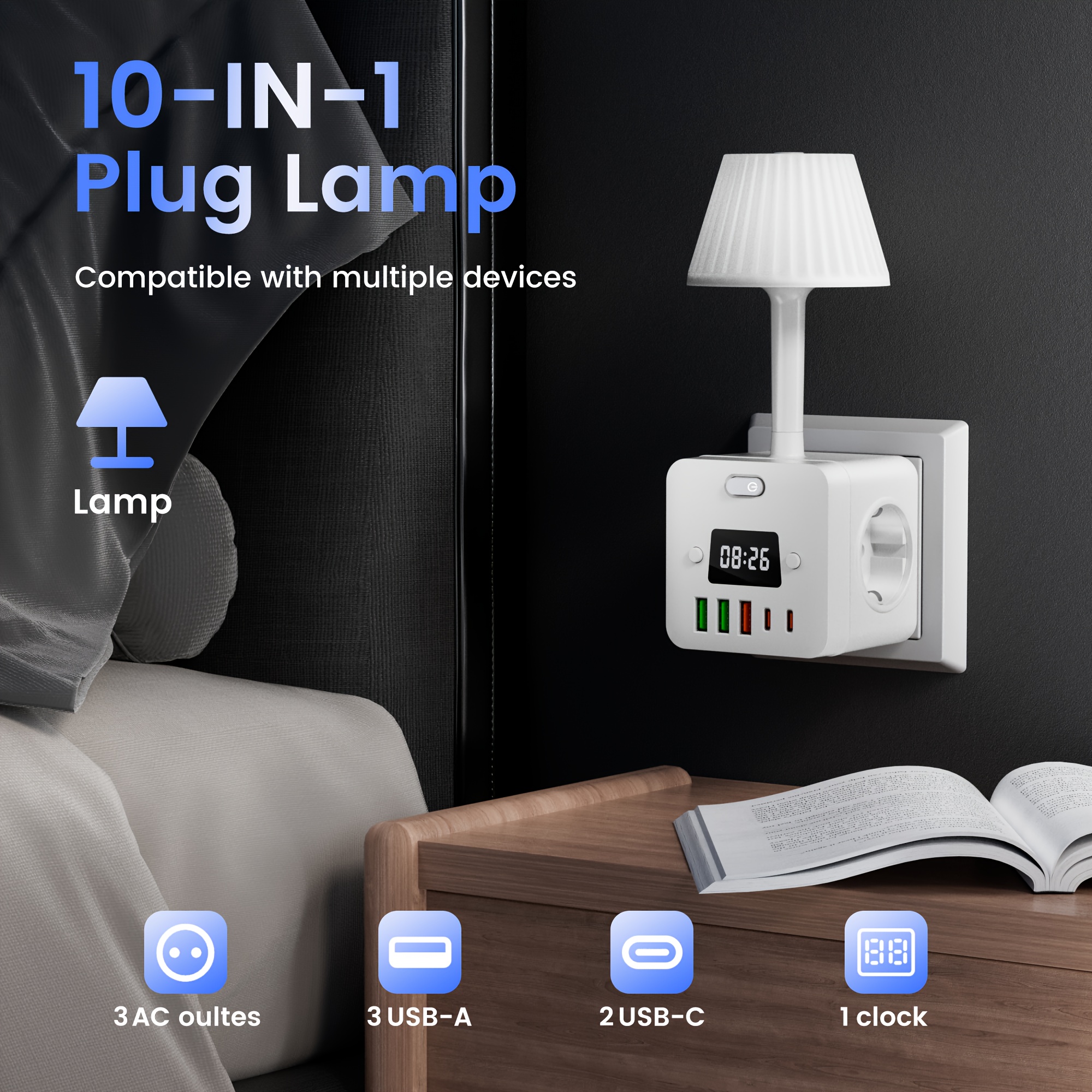 10in 1 power alarm clock with 2 usb c desktop charging station 3 ac power outlets 3 usb a power cord with protector for setting for bedroom dorm room Product details 5
