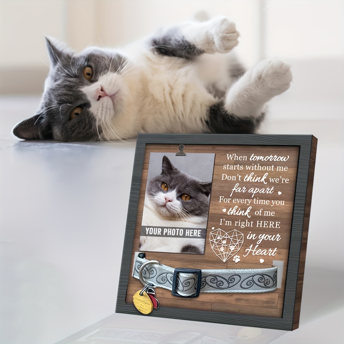 

1pc Wooden Pet Memorial Photo Frame With 3d Stand, Collar Holder, And Engraved Keepsake, Rustic Pet Loss Gift, Message Display For