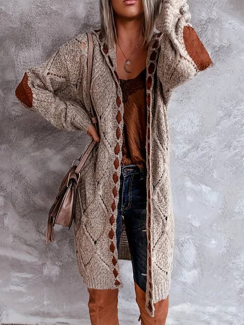 women cardigan hooded sweater long sleeve knit coat with rhombus lattice