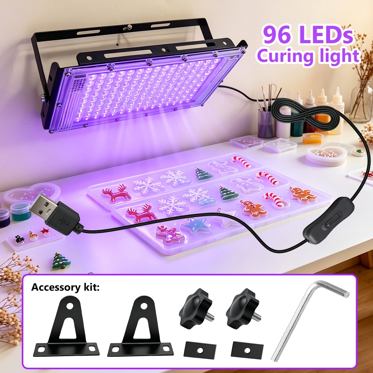 TEMU 96/144 Leds Resin Curing Lamp And L/u Stands (one Lamp With 2 Stands Your Diverse Needs), Equipped With 6/144 High- Beads For Large-area Uniform