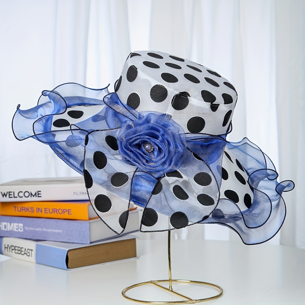 Elegant Polka Dot Hat with Floral Accents elegant womens wide brim sun hat breathable organza polka - Temu main image 3