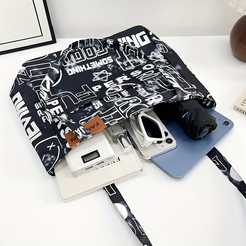 1pc steampunk style oxford cloth tote bag fashion shoulder bag with fixed straps foldable with magnetic closure polyester lined large capacity graffiti letter print shopper details 11