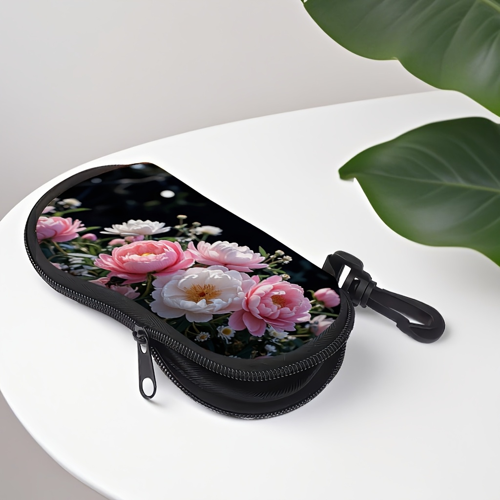 TEMU 1 estuche de gafas negras florales con cremallera , clip portátil y diseño elegante - Estuche de gafas de estilo moderno para hombres y mujeres,