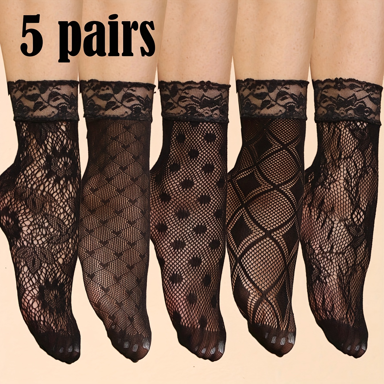 TEMU 5 Pairs Of Women's Lace Short Socks, Women's Short Socks, Polka Dot Heart Flower Print Mid-tube Socks