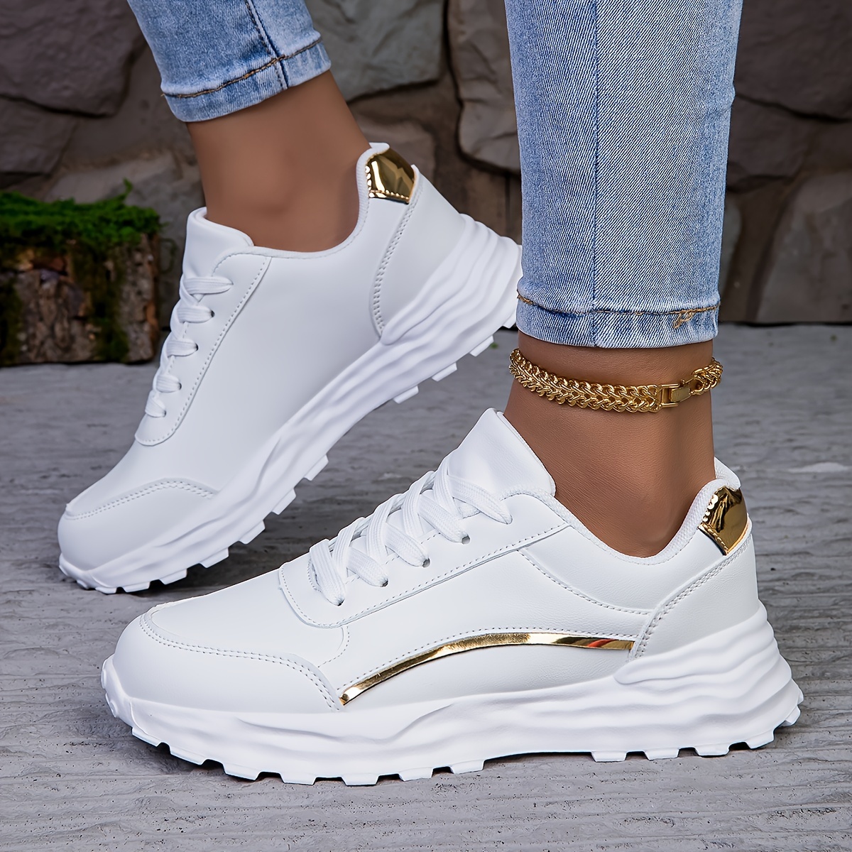 Image of Golden Shimmering Urban Fashion White Sneakers Comfortable Thick Sole Anti-slip Men's And Women's Athletic Casual Shoes Trendy Versatile White Shoes, Women Shoes
