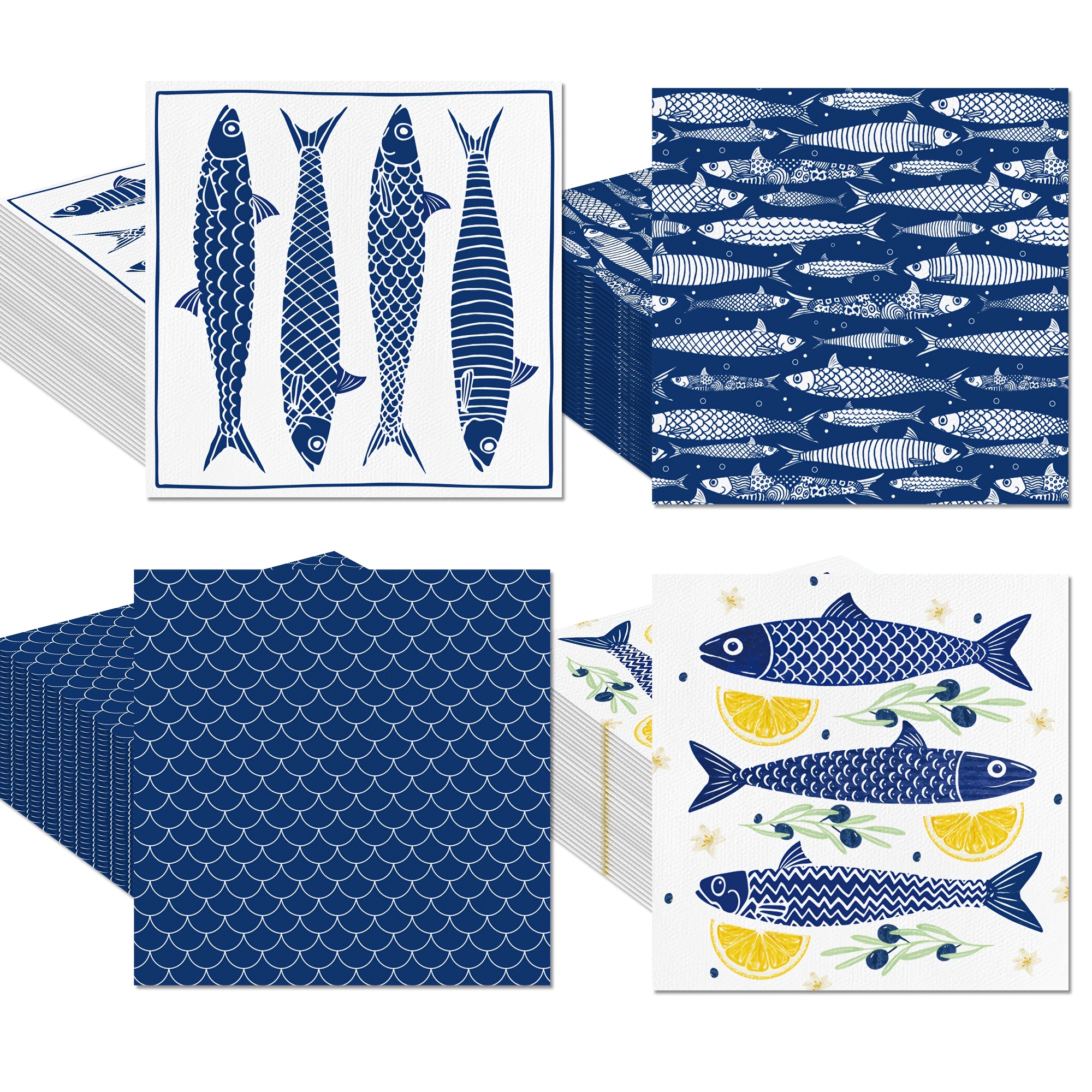 TEMU 20pcs Pack Blue Fish-shaped Suitable For Weddings, Showers, Birthdays - Disposable 2-ply Paper Napkins With Fish For Dinner Parties, Banquets,